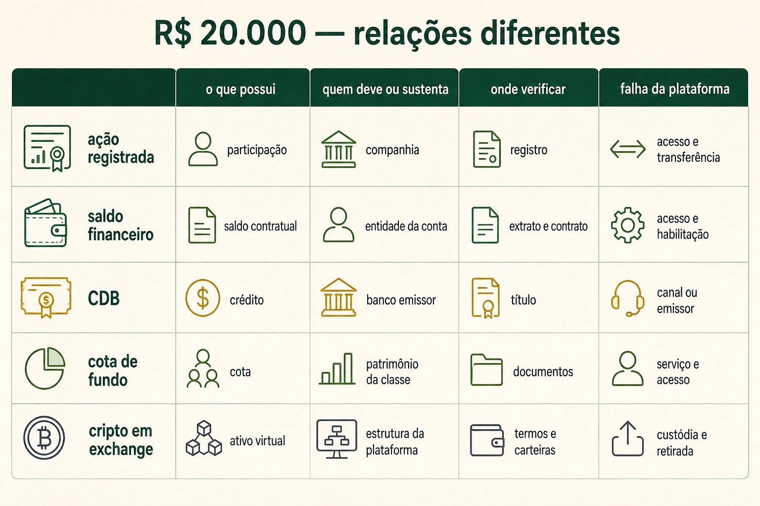 Comparação entre ação registrada, saldo em conta, CDB, cota de fundo e cripto em exchange mostra direitos e dependências diferentes.