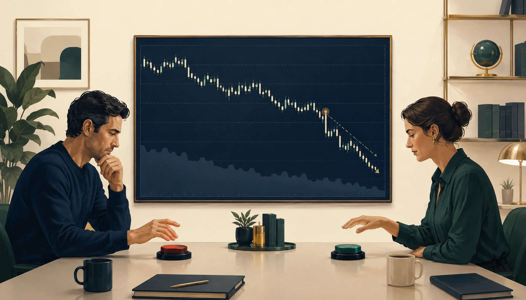 Investidores tomando decisões opostas diante da mesma queda de preço.