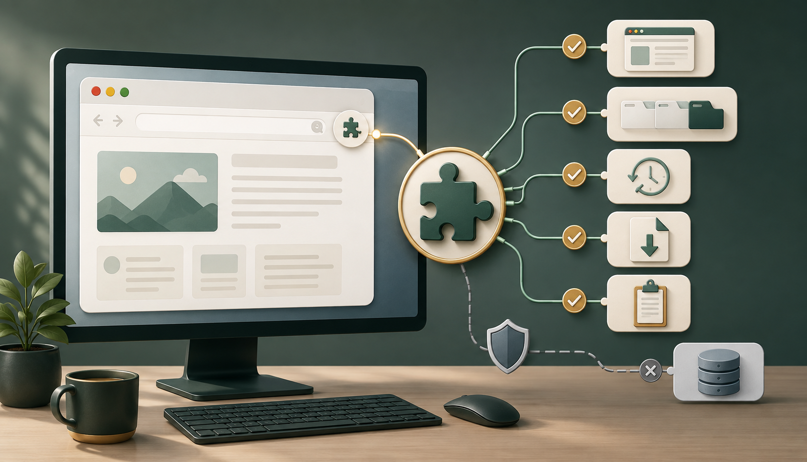Extensão no navegador conectada a páginas, abas, histórico, downloads e área de transferência conforme as permissões recebidas.