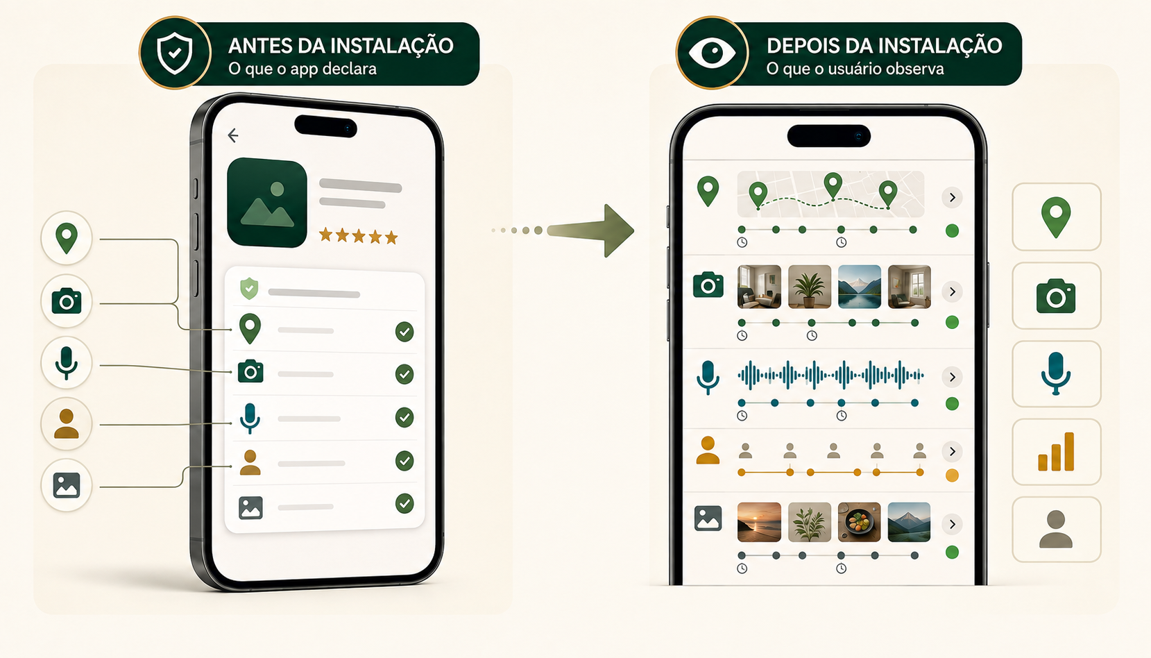 Rótulo de privacidade de uma loja de aplicativos é comparado aos acessos a localização, câmera e microfone observados depois da instalação.