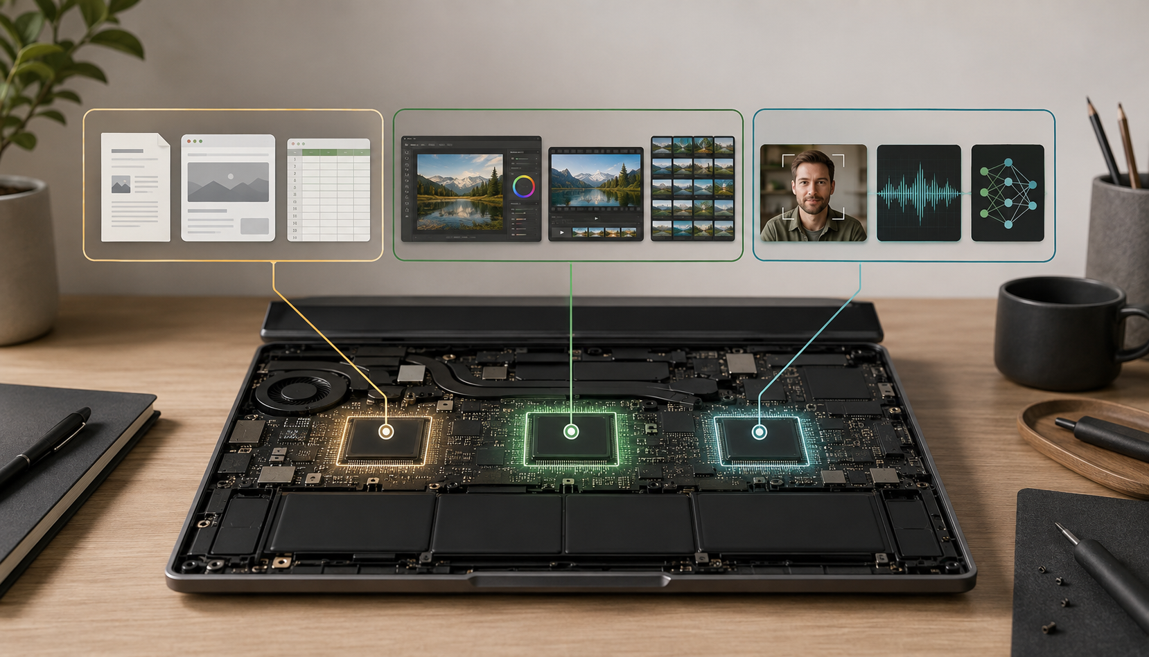 Notebook compara CPU, GPU e NPU e mostra diferentes tipos de tarefas executadas por cada processador.