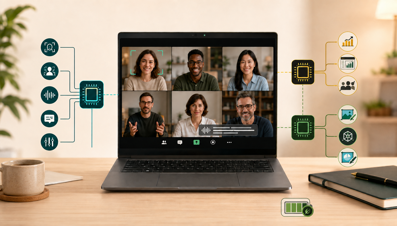 Notebook usa a NPU em tarefas compatíveis de uma videoconferência, como enquadramento, redução de ruído e legendas, enquanto CPU e GPU ficam disponíveis para outras atividades.