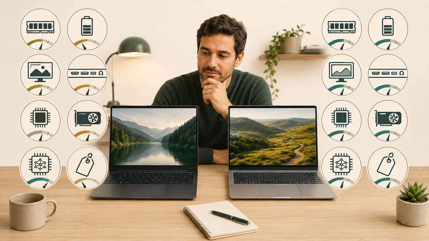 Pessoa compara NPU, CPU, GPU, memória, bateria, tela, portas e preço antes de escolher um notebook.