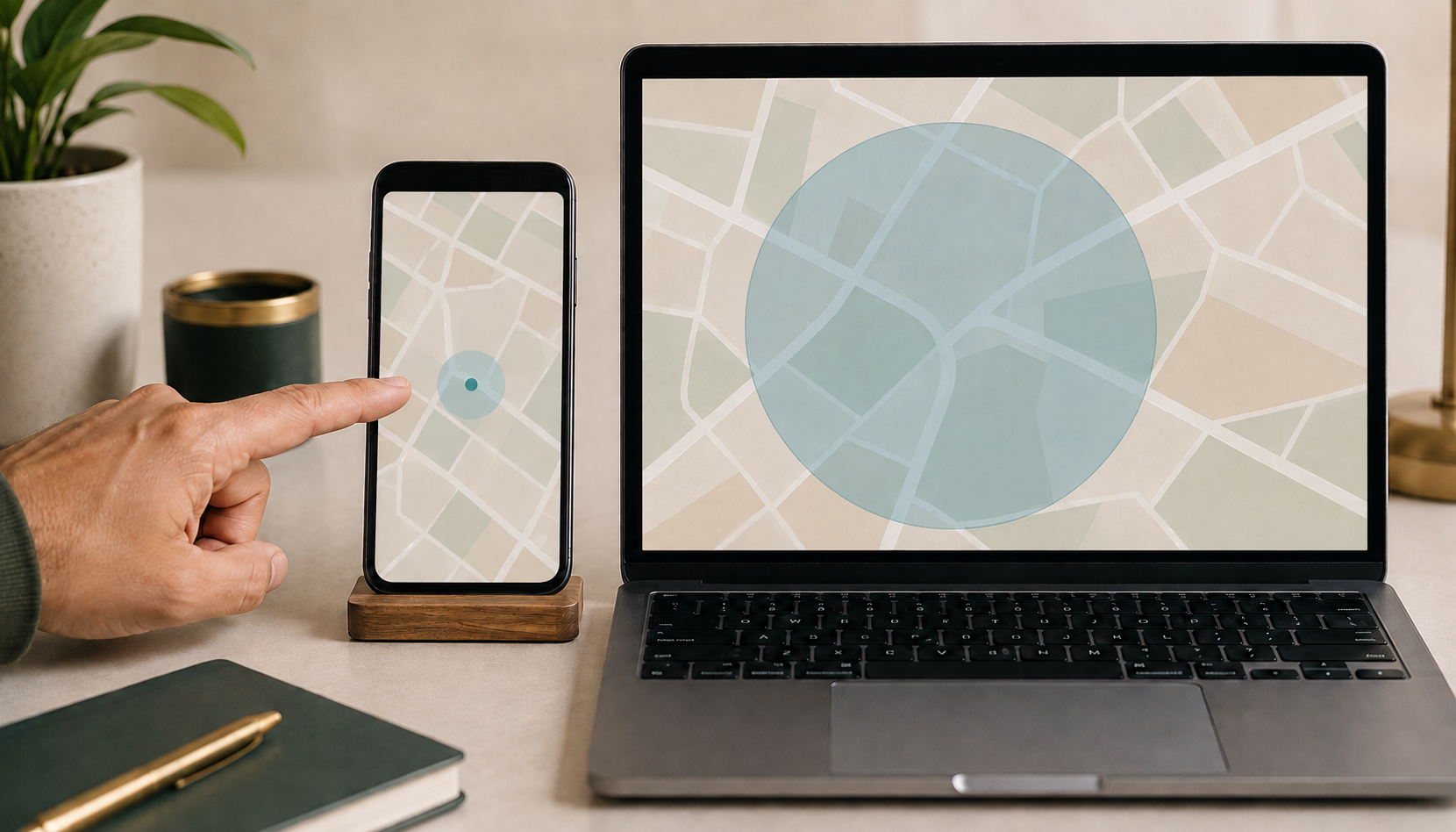 Celular indica um ponto preciso enquanto notebook mostra apenas uma região aproximada obtida pela conexão de internet.