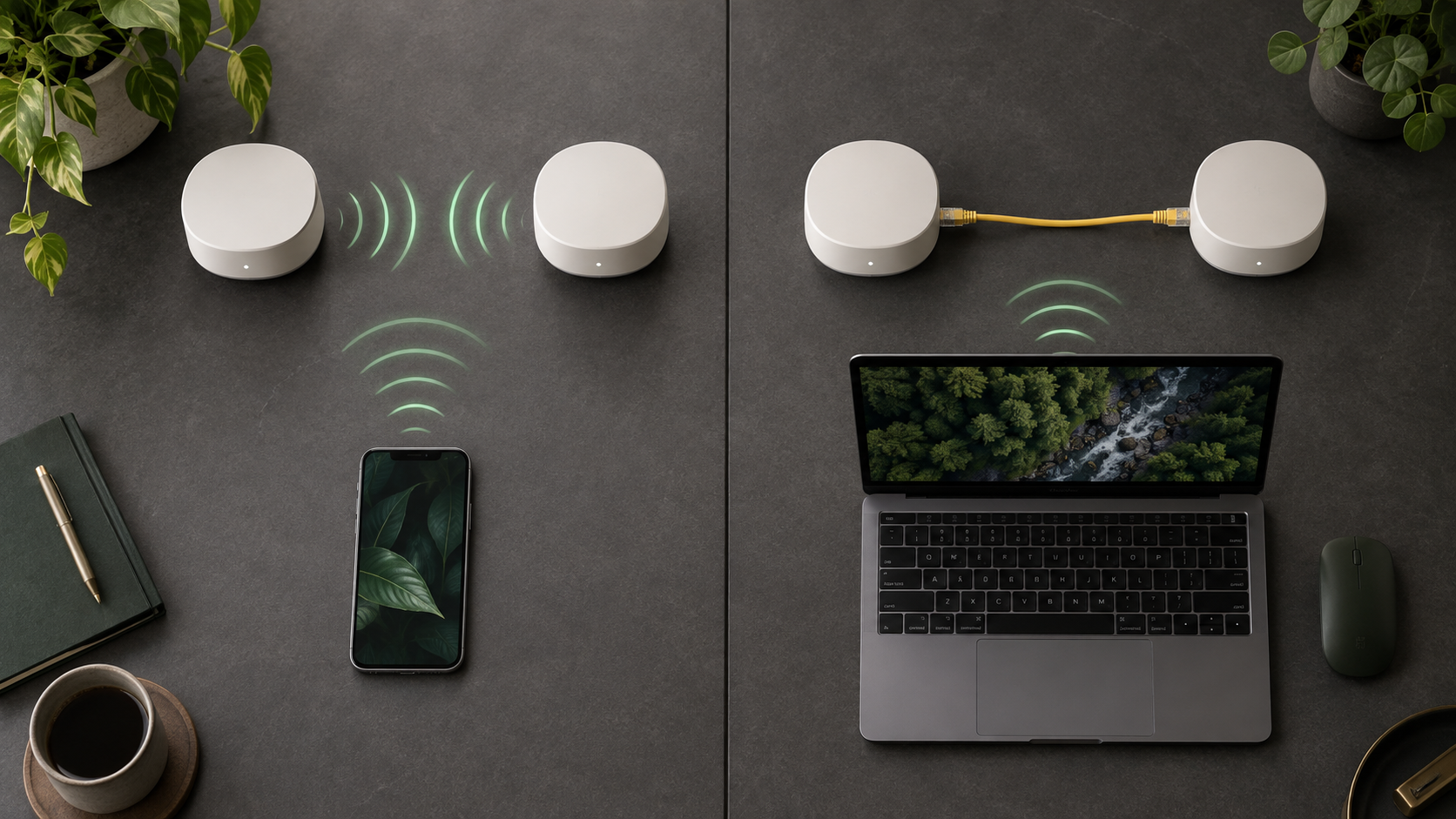 Comparação visual entre dois pontos Mesh conectados sem fio e dois pontos ligados por cabo Ethernet.