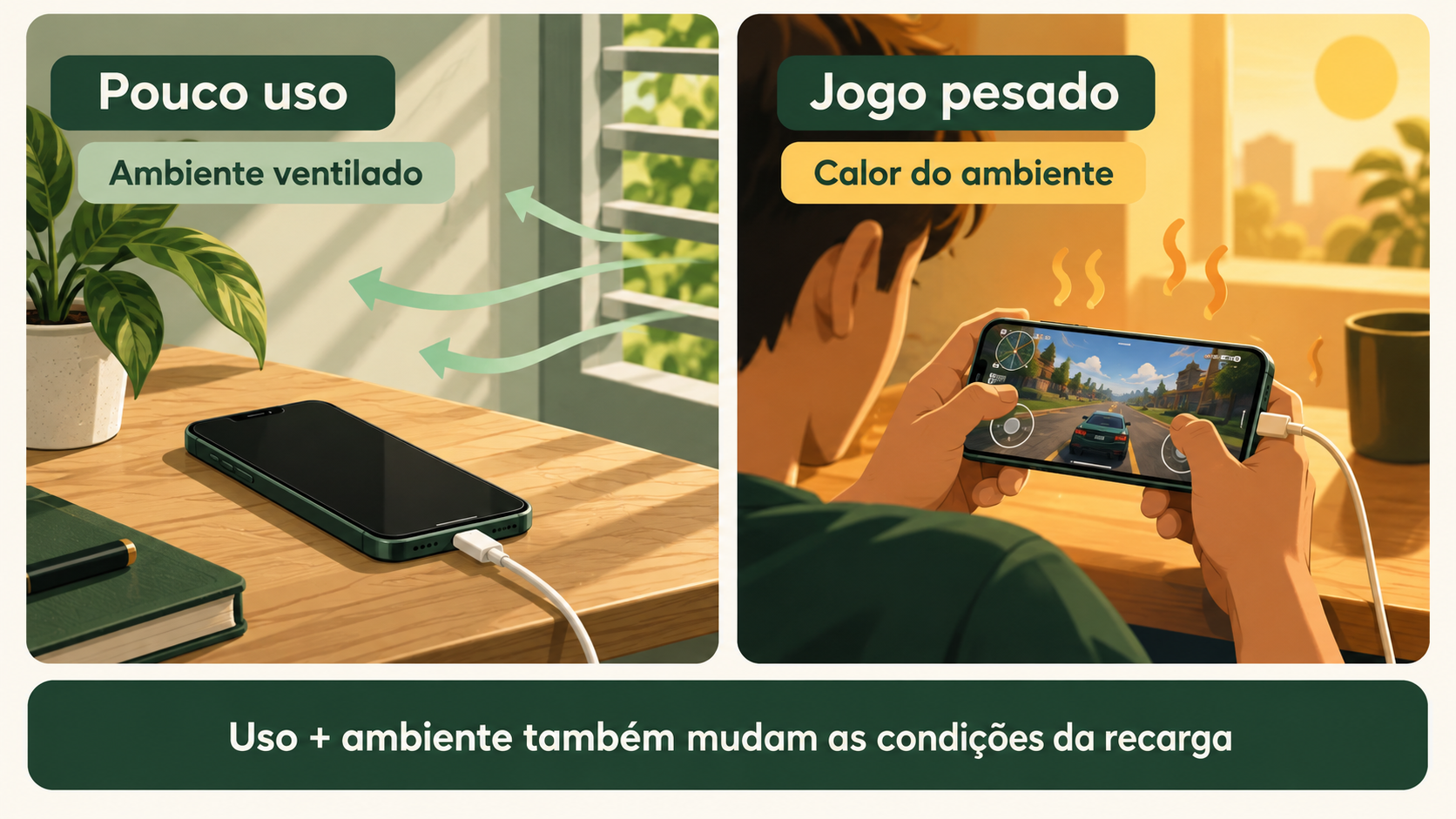Dois celulares carregam em condições diferentes: um em mesa ventilada, com pouco uso, e outro durante jogo pesado em ambiente quente.