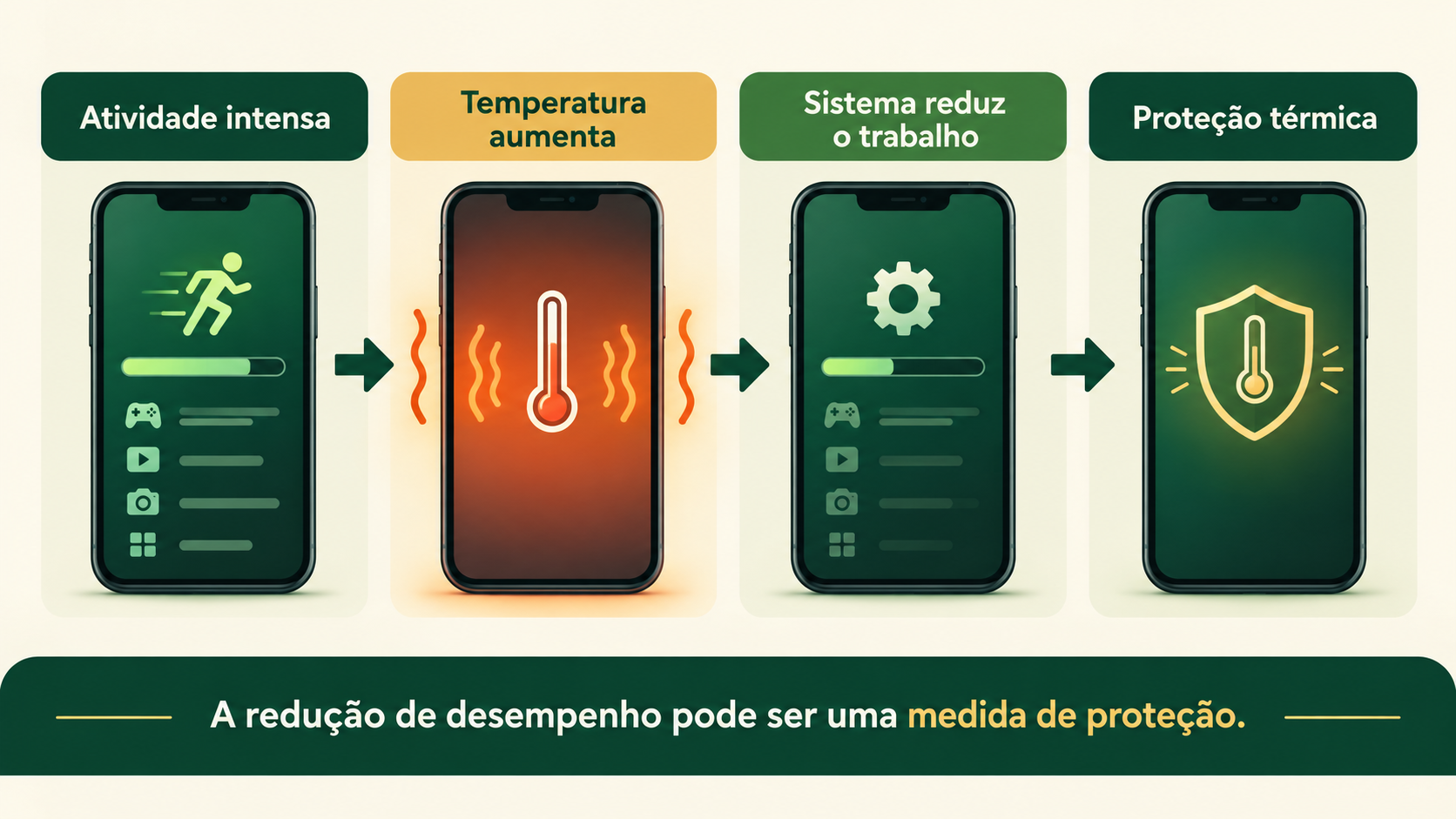 Sequência mostra atividade intensa, aumento de temperatura, redução do trabalho do sistema e proteção térmica.