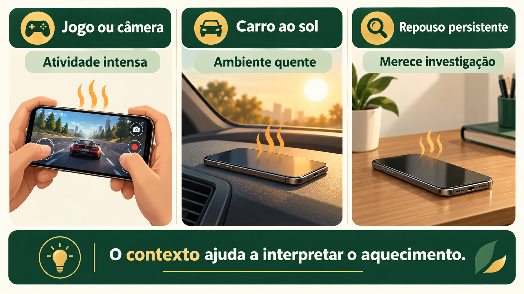 Três cenários comparam celular durante jogo, dentro de carro ao sol e aquecido em repouso persistente.