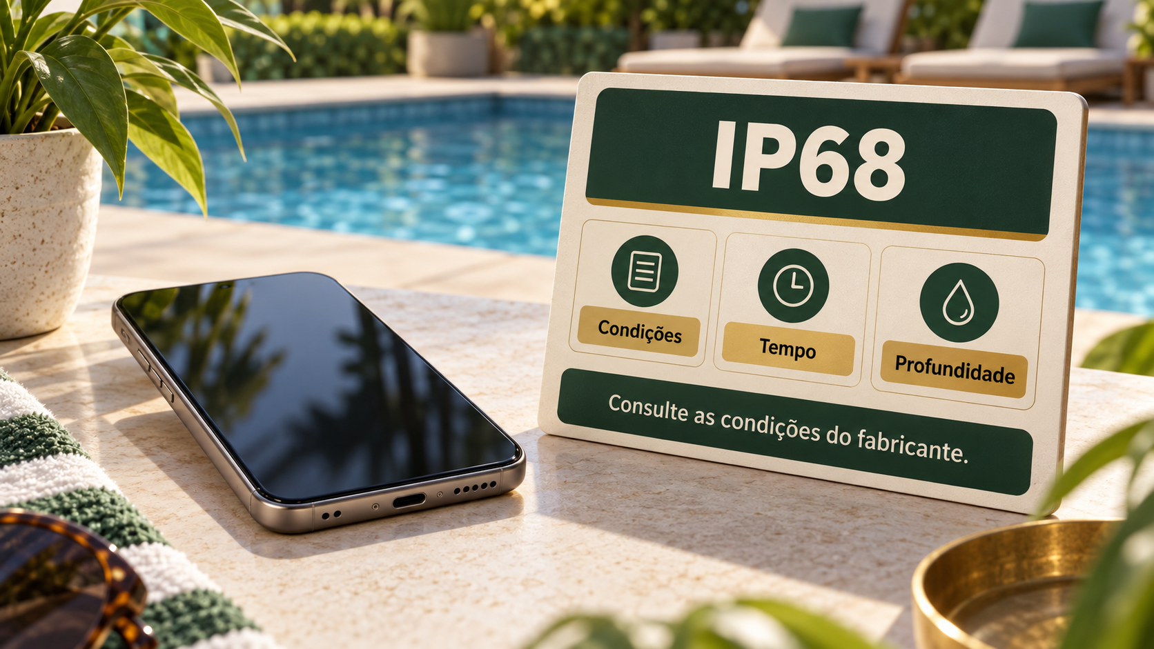 Celular seco ao lado de uma piscina, acompanhado de uma ficha IP68 que destaca condições, tempo e profundidade de teste.