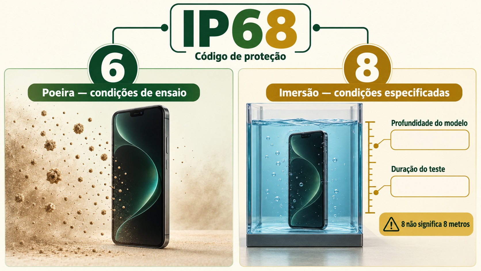 Código IP68 separado em proteção contra poeira, indicada pelo 6, e imersão em condições especificadas, indicada pelo 8.