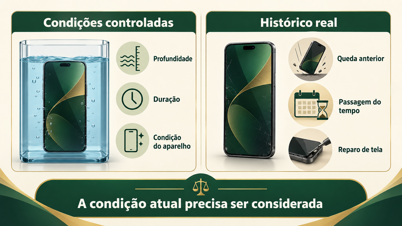 Teste de imersão controlado é comparado ao histórico de um celular que passou por uso prolongado, queda e reparo de tela.