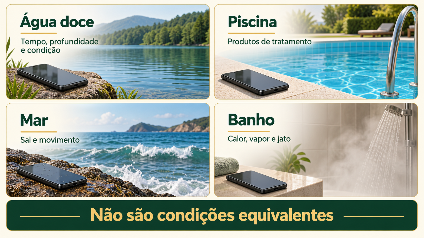 Quatro cenários contrastam água doce, piscina, mar e banho, destacando duração, produtos de tratamento, sal, movimento, calor e vapor.