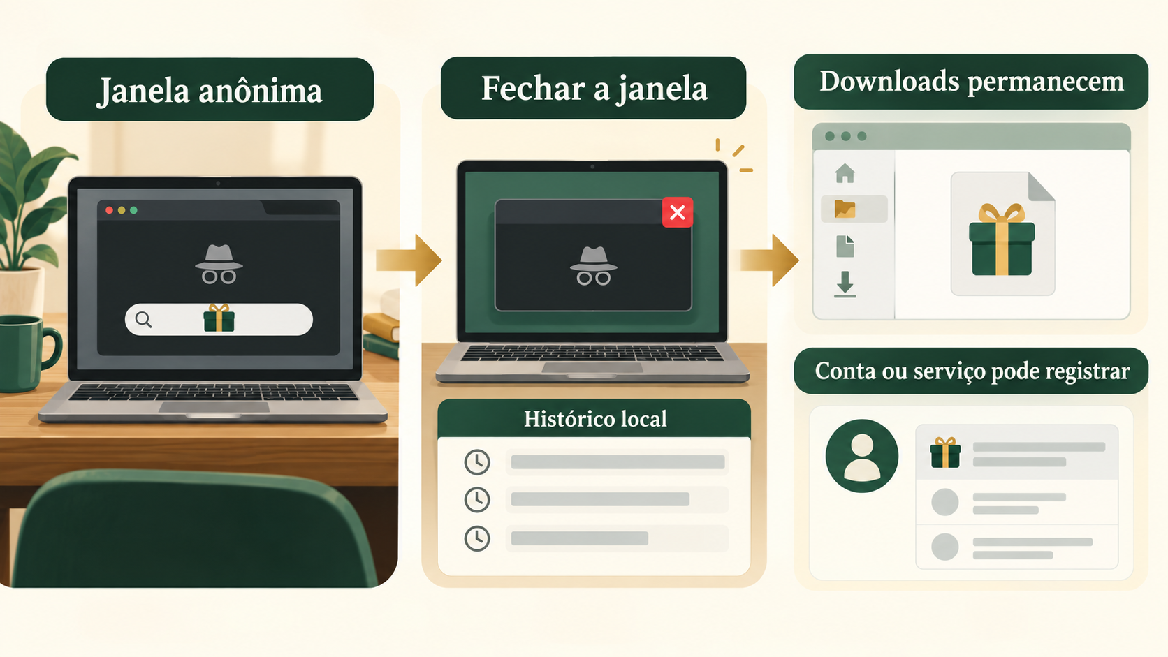 Pesquisa de presente em janela anônima é fechada, enquanto um comprovante continua salvo na pasta Downloads.