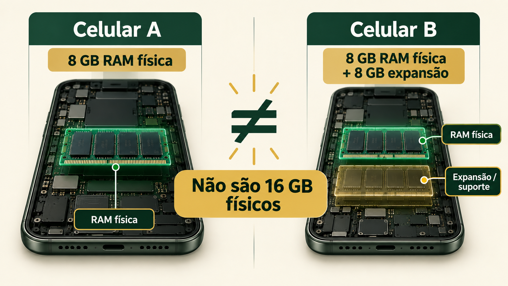 Duas fichas de celular comparam 8 GB de RAM física a 8 GB de RAM física mais 8 GB de expansão, destacando que não equivalem a 16 GB físicos.