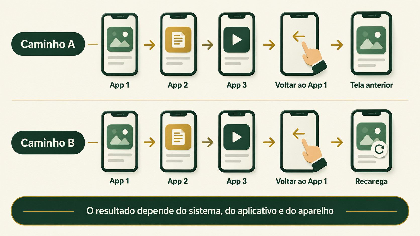 Sequência compara um aplicativo que permanece disponível ao retornar com outro que precisa recarregar depois da alternância entre vários apps.