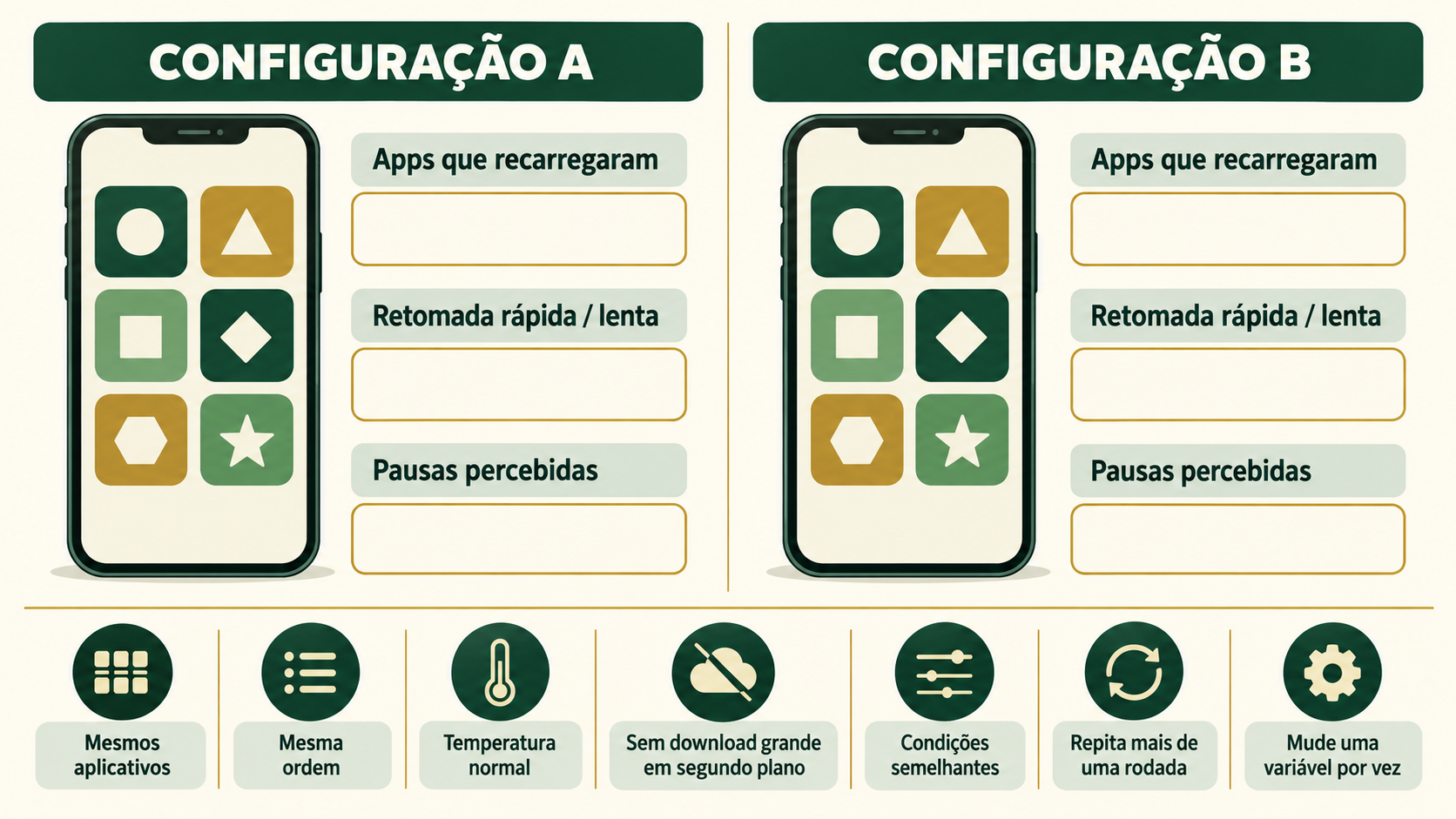 Quadro compara duas configurações de memória usando a mesma sequência de aplicativos e condições semelhantes para observar recargas, retomada e pausas.